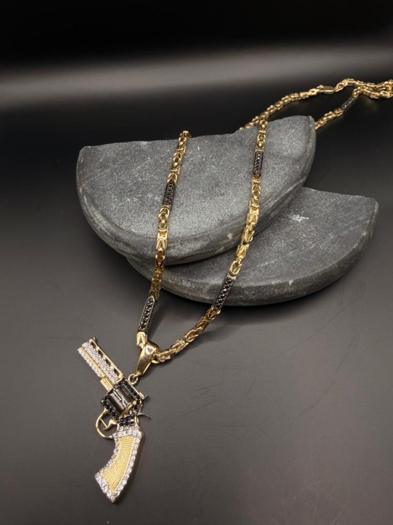 14k Gouden Koningsketting met Revolver Hanger & Onyx, Ophalen of Verzenden, Gebruikt
