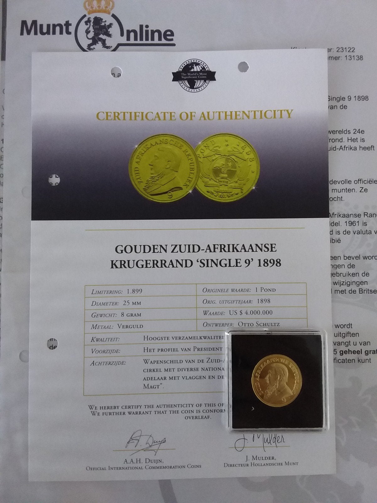 Gouden Zuid-Afrikaanse Krugerrand 'Single 9' 1898, Verzenden, Zuid-Azië, Losse munt, Goud