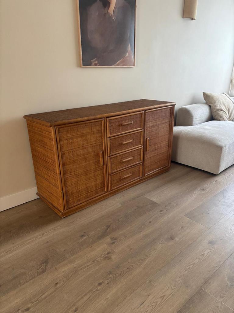 Rotan dressoir met lades en deuren, Ophalen, Gebruikt, 100 tot 150 cm, Met lade(s)
