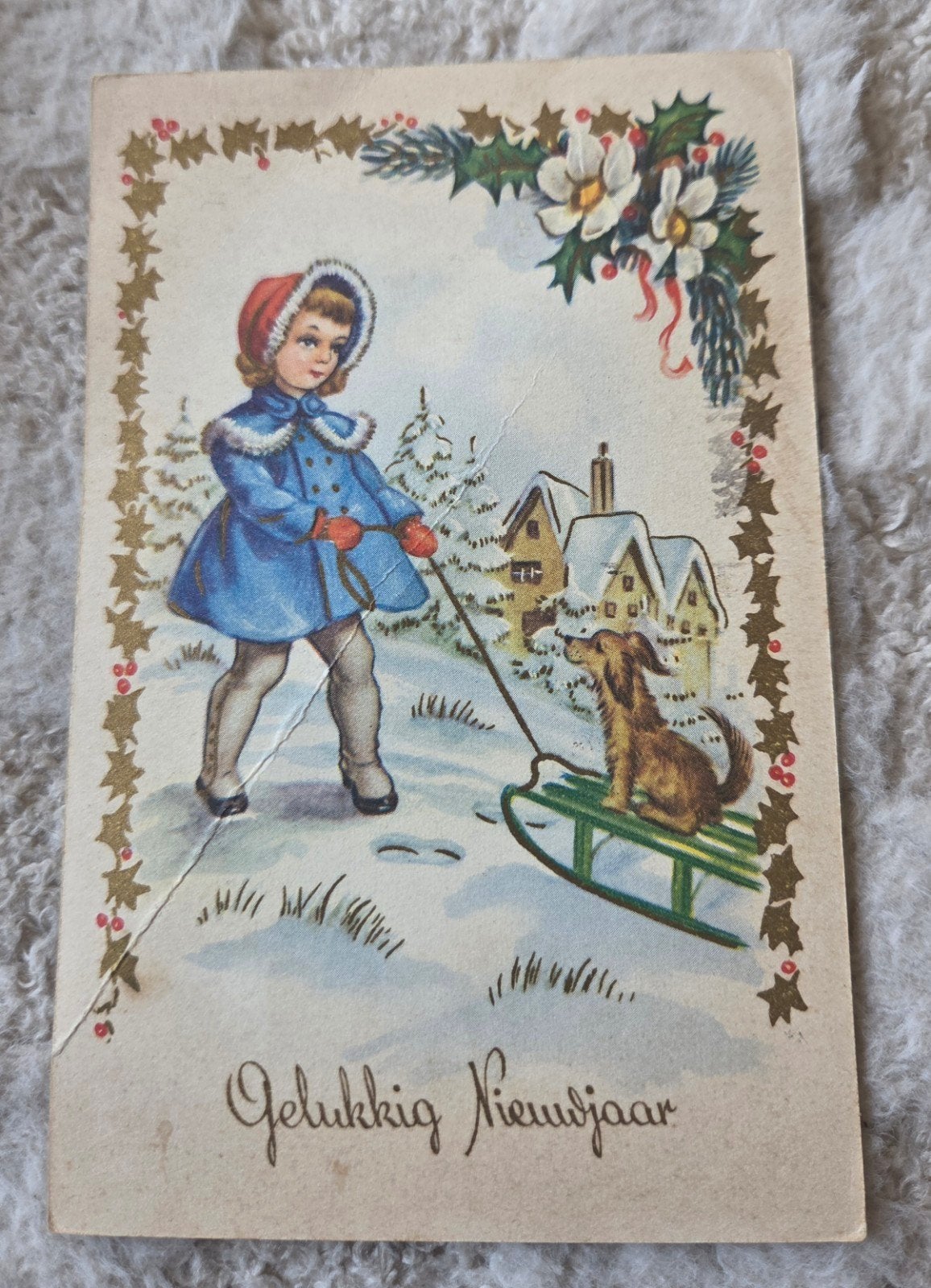 Oude Nieuwjaarskaart 1953 - Meisje met hond op slee, Verzamelen, Verzenden, 1940 tot 1960, Gelopen, Feest(dag)