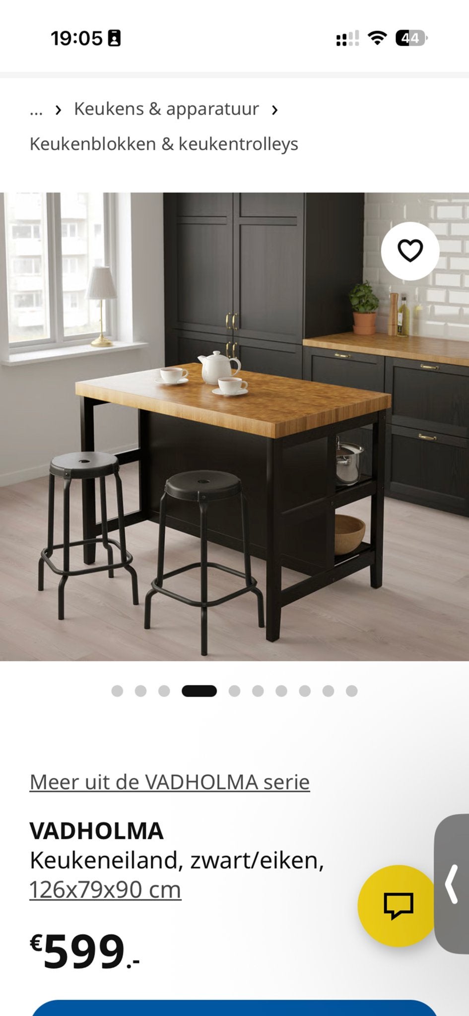 VADHOLMA Keukeneiland zwart/eiken 126x79x90 cm, Ophalen, Zwart, Zo goed als nieuw, Hout