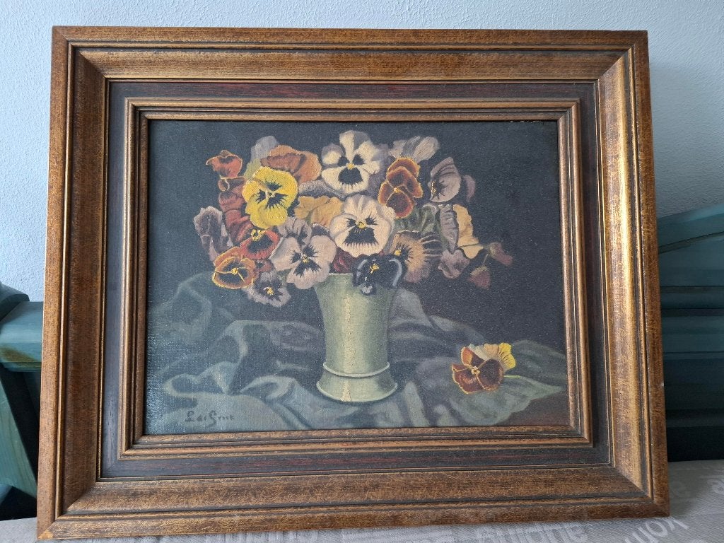 schilderij viooltjes met lijst 53x 44, Doek, Gesigneerd, Olieverf, Klassiek