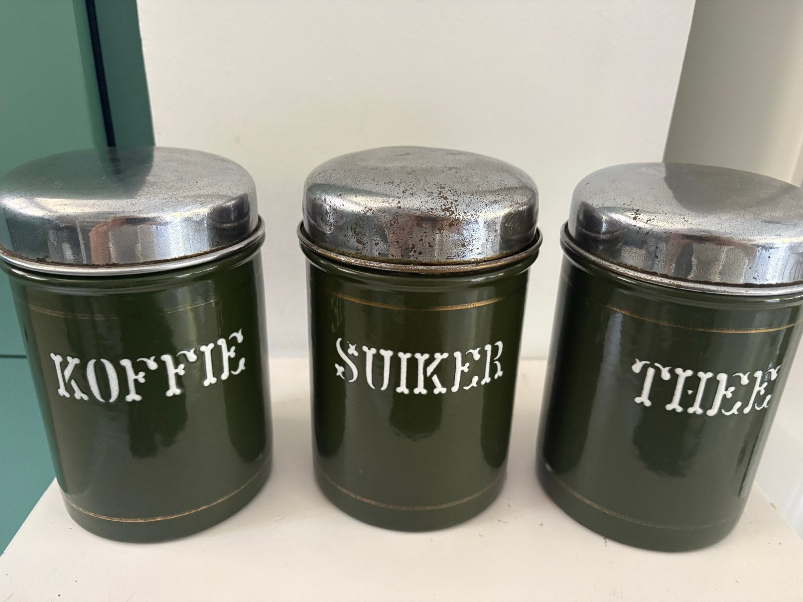 Vintage emaille voorraadblikken set, Antiek en Kunst, Ophalen of Verzenden