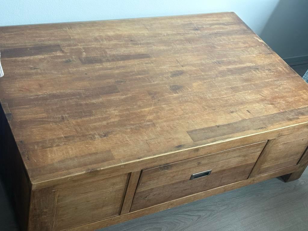 Robuuste houten salontafel met lade, Ophalen, Gebruikt, 50 tot 100 cm, Rechthoekig