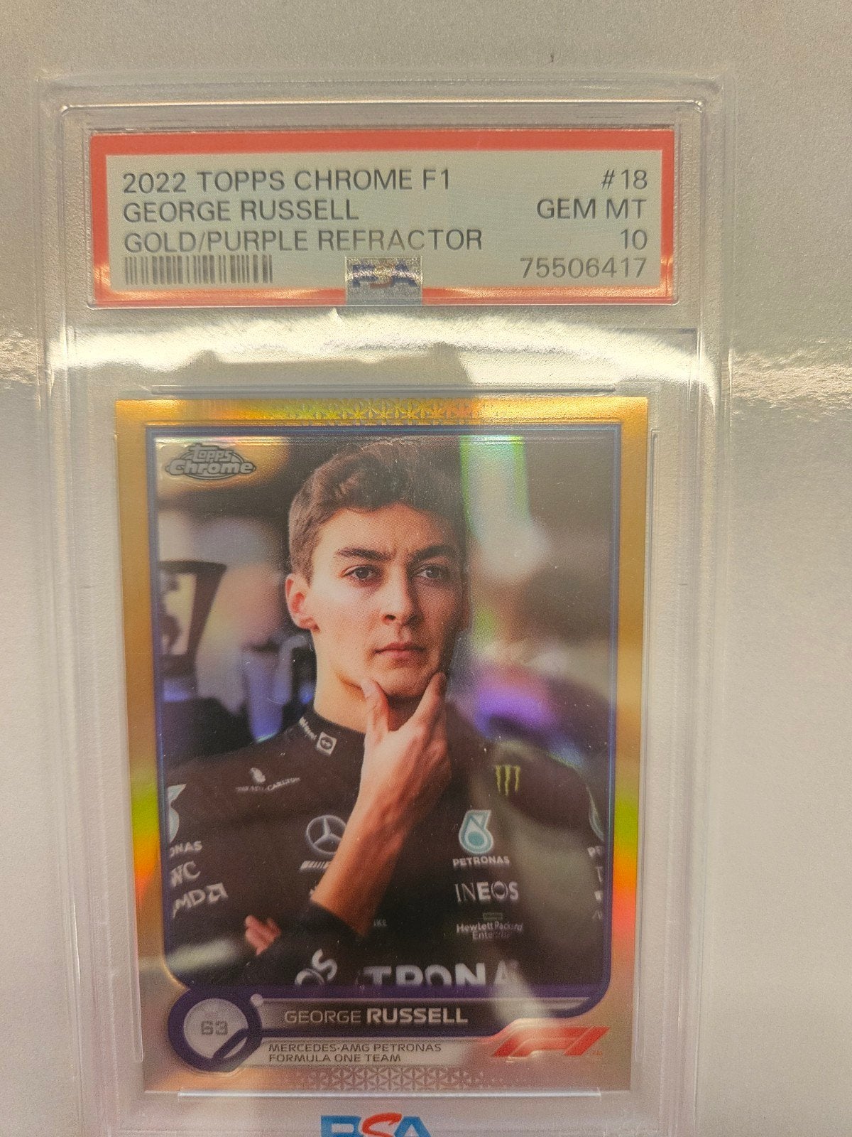 18 george russel psa10 topps chrome f1 2022 gold purple  ref, Ophalen of Verzenden, Nieuw, Plaatje