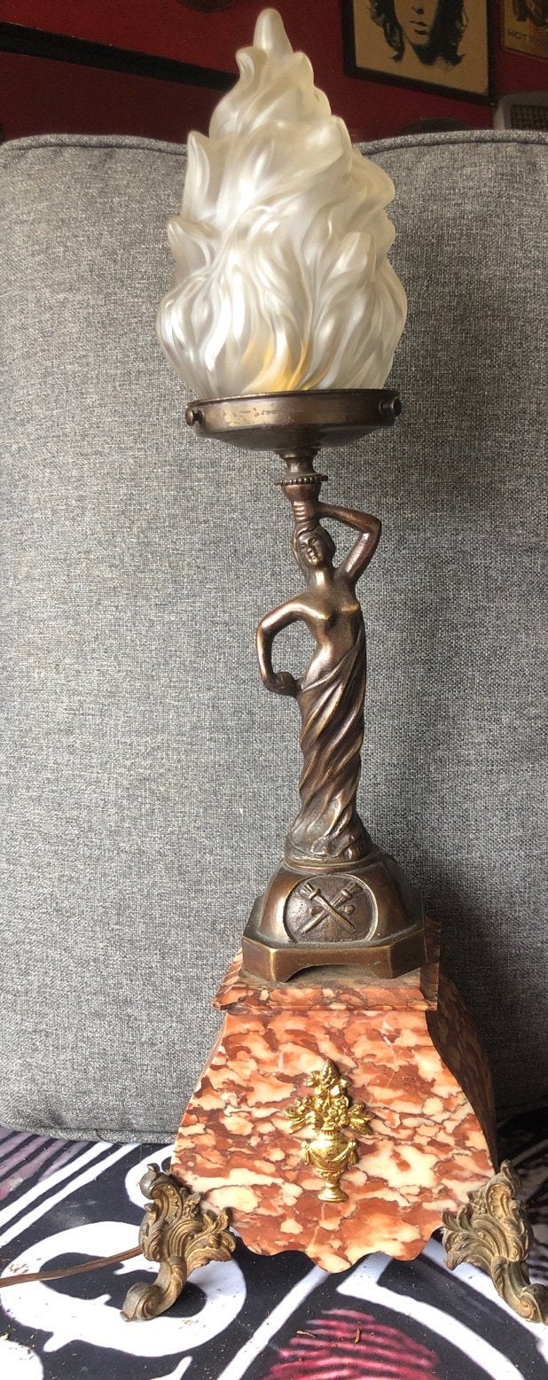 Antieke bronzen sculptuur lamp met marmeren voet, Ophalen
