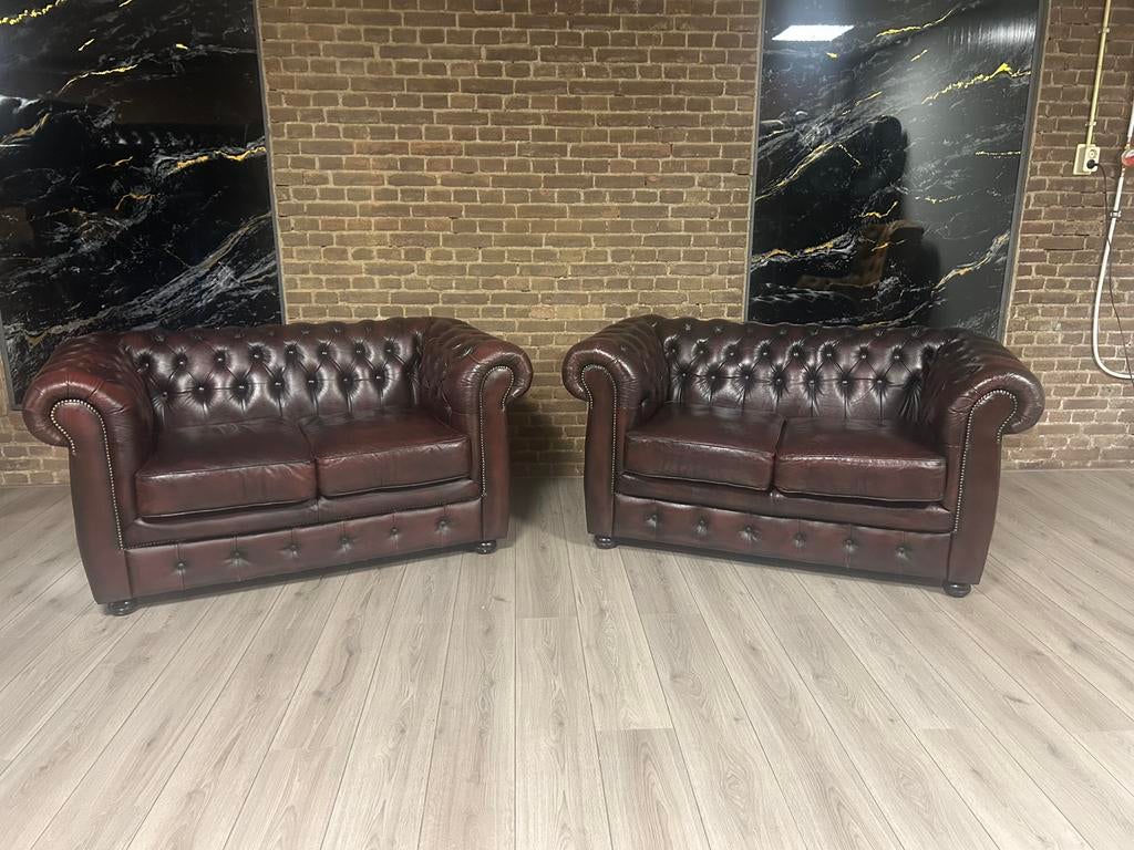 Chesterfield Lederen Set 2 x 2 Zits !!! 🇬🇧🇬🇧, Huis en Inrichting, Ophalen of Verzenden, 75 tot 100 cm