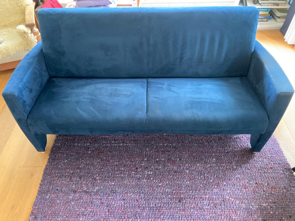 Blauwe 3 persoonsbank Montel, Huis en Inrichting, Banken | Bankstellen, Ophalen, Gebruikt, 150 tot 200 cm, 75 tot 100 cm