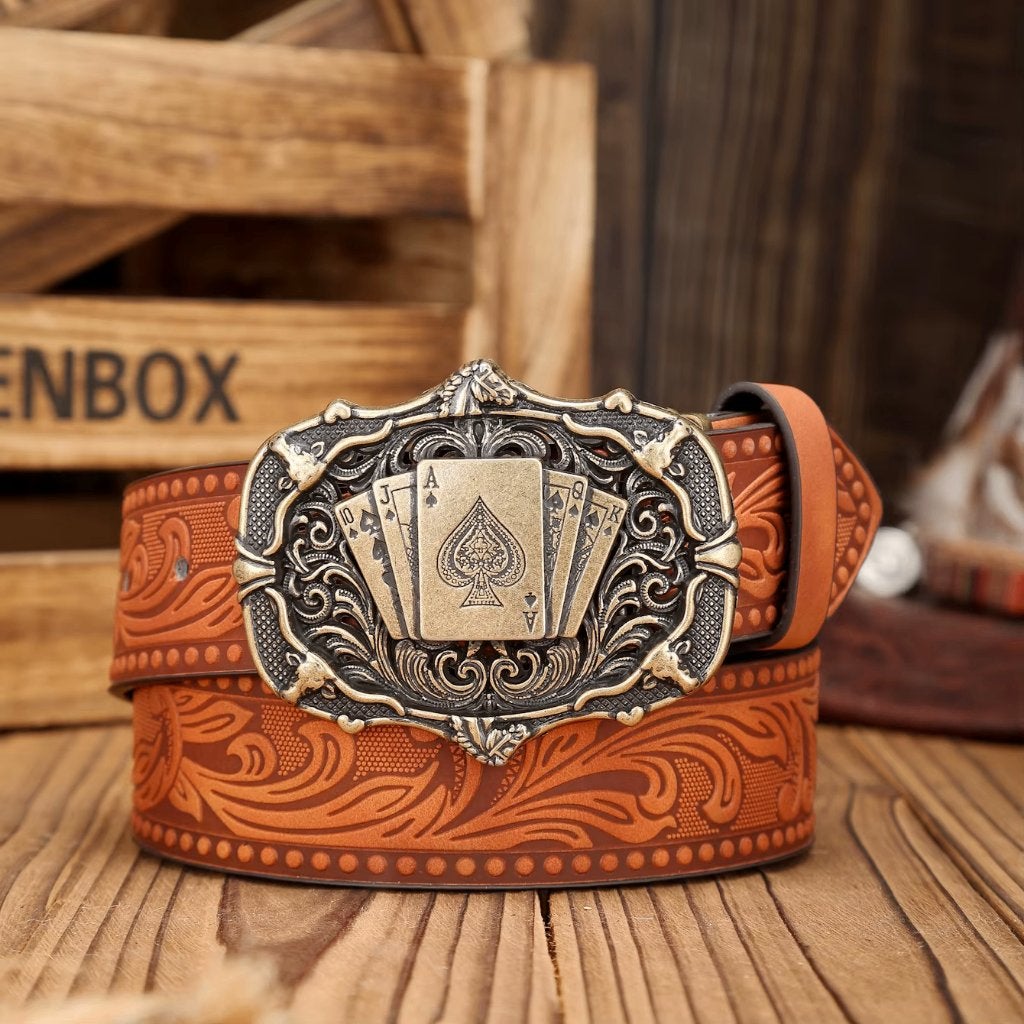 Cognac bruine kunstleren western riem met gouden kaarten, Bruin, Verzenden, Nieuw, 115 cm of meer