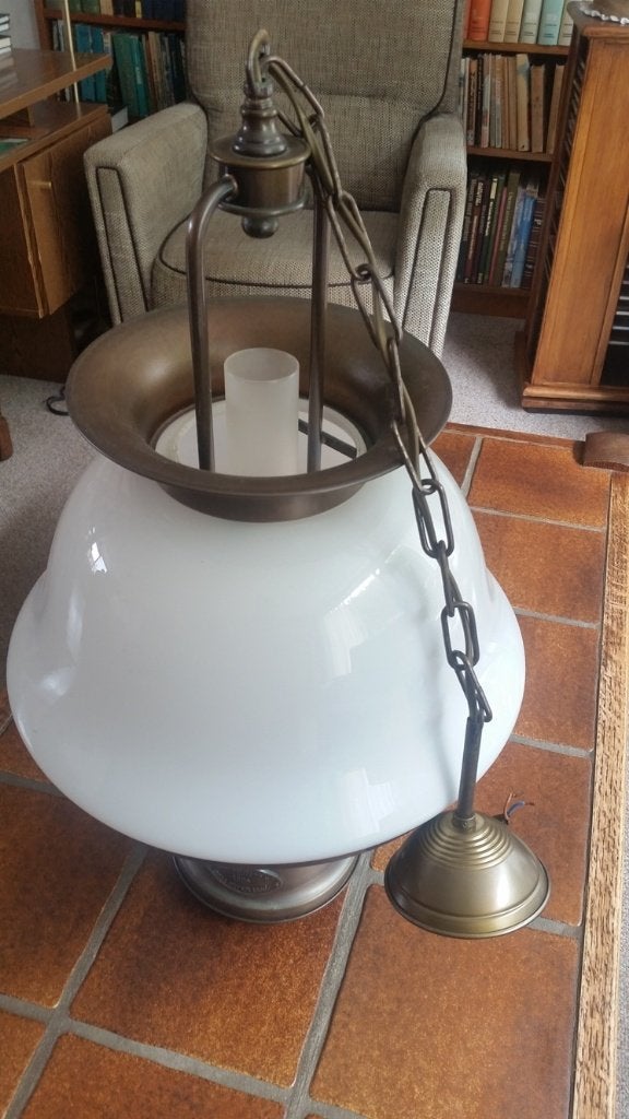 Retro petroleumhanglamp met glazen ondoorzichtige kap, Gebruikt, Klassiek, Glas, E27 (groot)