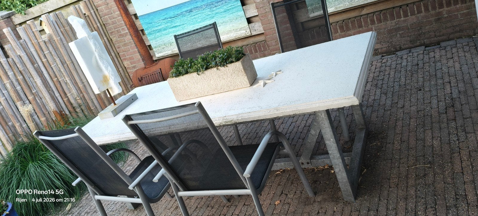 Betonnen tuintafel met verzinkt stalen frame 220x100x4.5cm, Ophalen of Verzenden, Rechthoekig