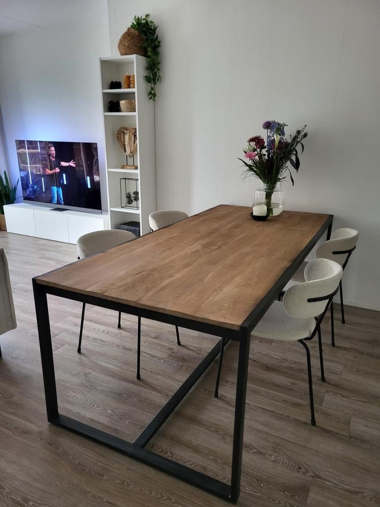 Robuuste eettafel 220x100 met hardhouten blad en zwart frame, Huis en Inrichting, 100 tot 150 cm, 200 cm of meer, Industrieel, Modern