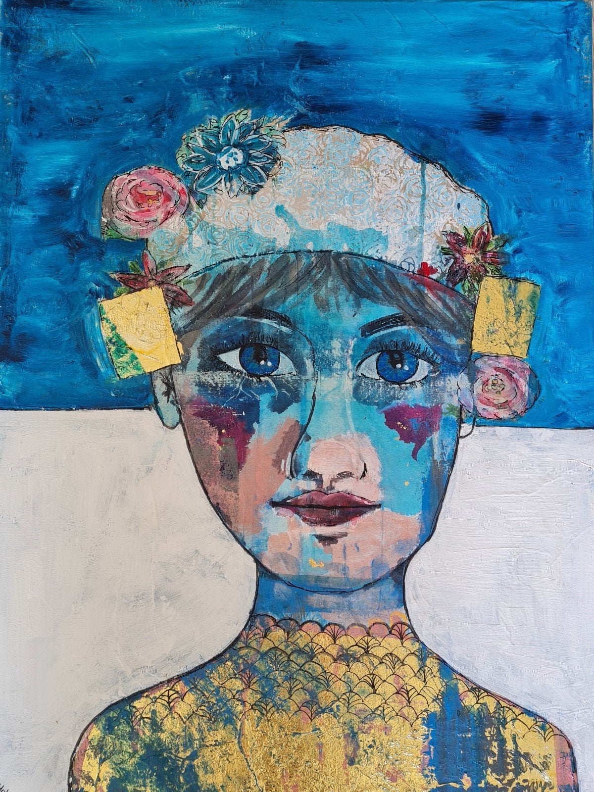 Abstract Zeeuws Meisje - 60x80 mixed media, Ophalen of Verzenden