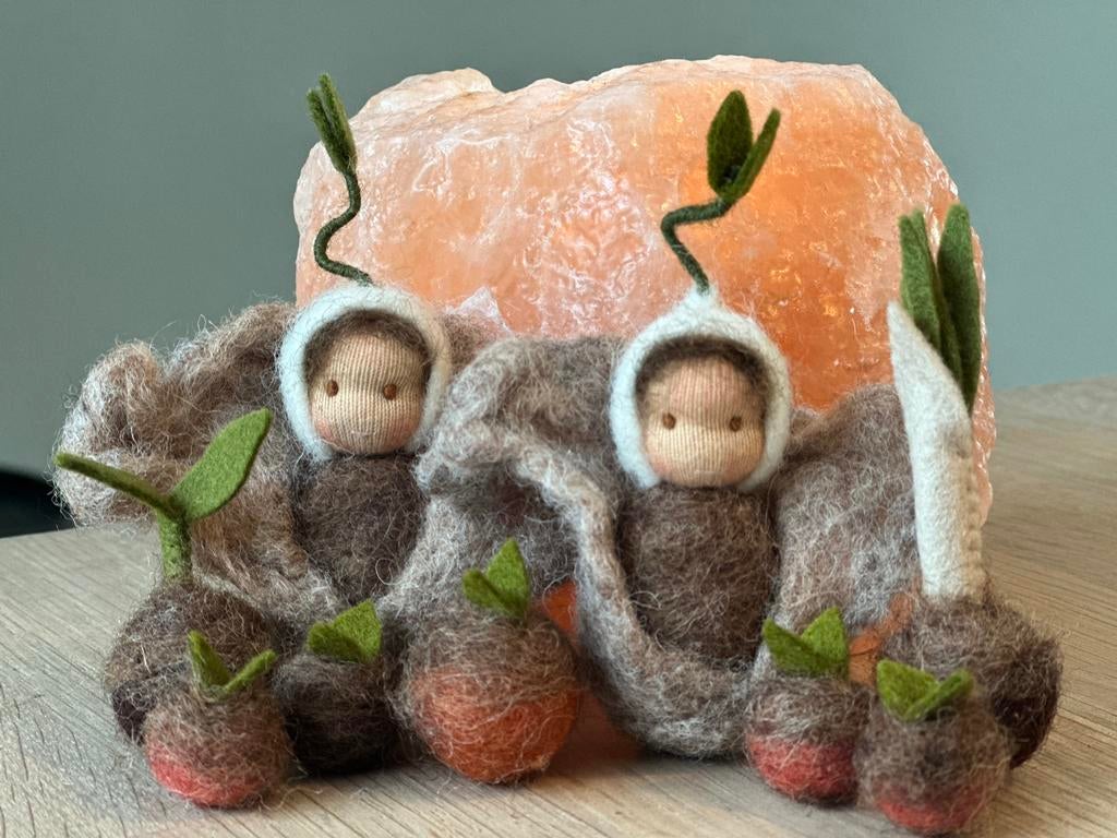Wortelkindjes met kiembolletjes lente moeder aarde vilt wol, Ophalen of Verzenden, Nieuw, Boek of Patroon, Wolvilt
