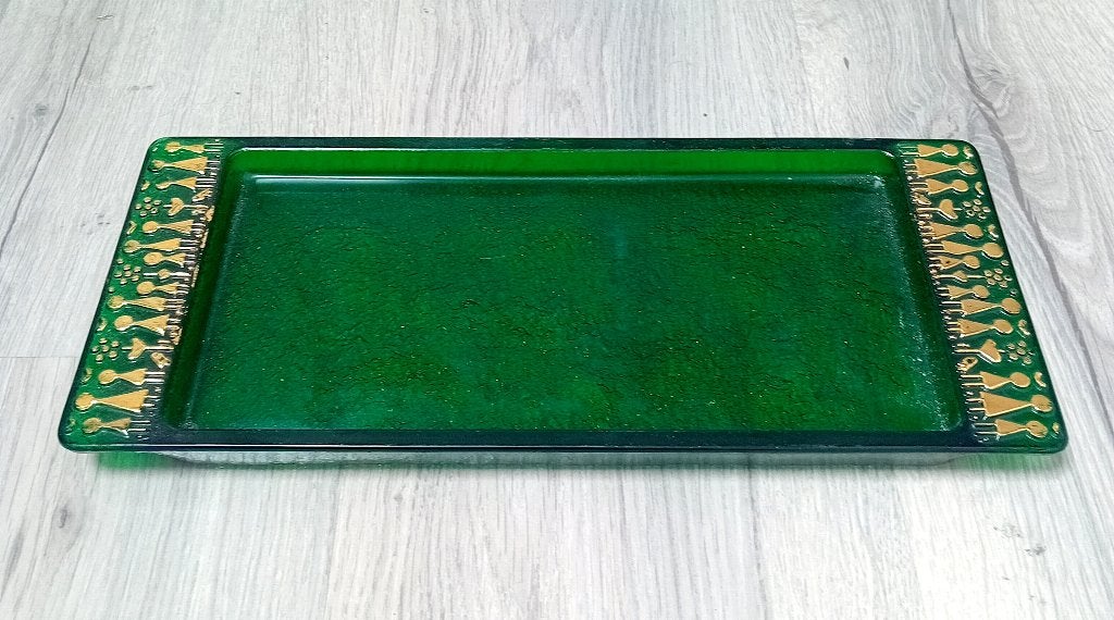 retro glazen serveerschaal\dienblad smaragd groen, Verzenden