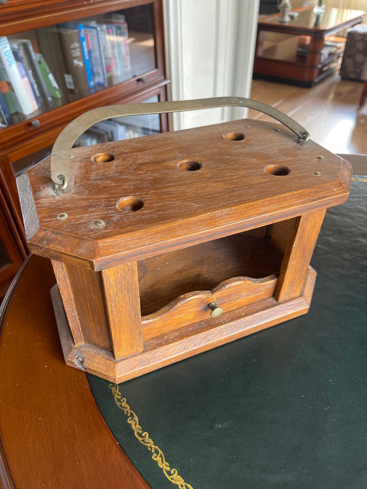 Vintage houten houder met handvat en lade stoof, Ophalen
