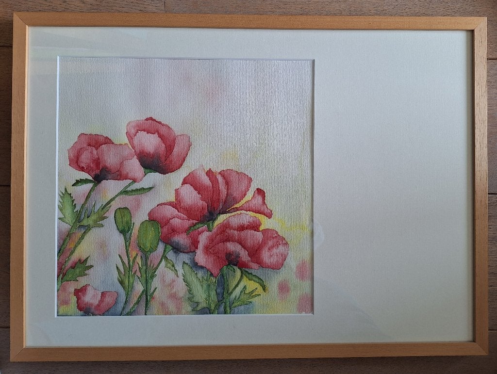 Handgemaakte aquarel: Klaprozen, ingelijst, Realistisch, Origineel werk, Aquarel, Papier