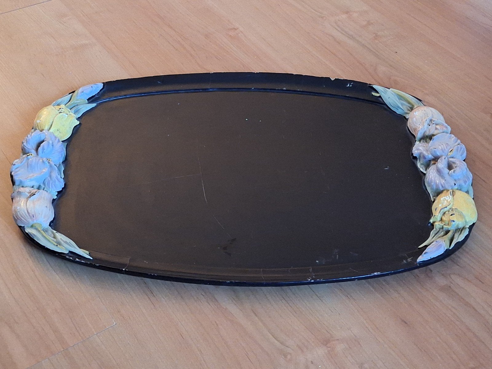 Vintage Houten Ovalen Dienblad met Bloemen (Jaren 60), Gebruikt, Serveerschaal, Ophalen of Verzenden, Handgemaakt