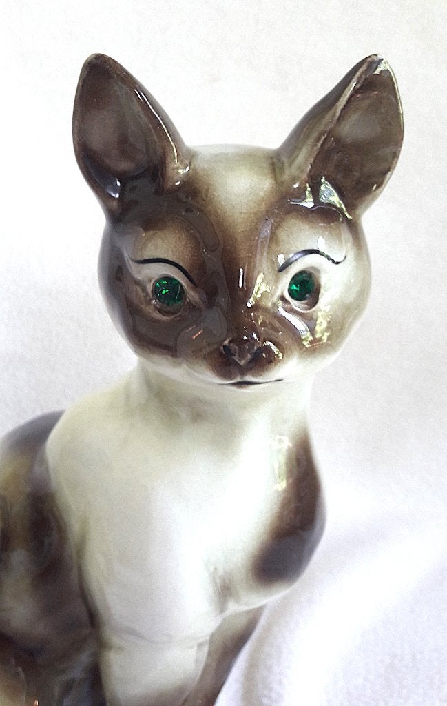 Vintage Siamese Kat Beeldje - met groene glazen ogen - Japan, Ophalen of Verzenden, Zo goed als nieuw, Dier