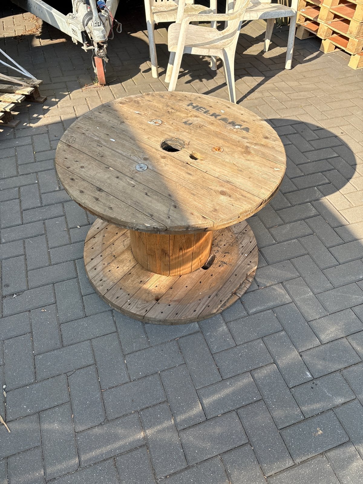 Houten kabelhaspel tafel - robuust en uniek, Minder dan 45 cm, Gebruikt, Rond, Ophalen of Verzenden