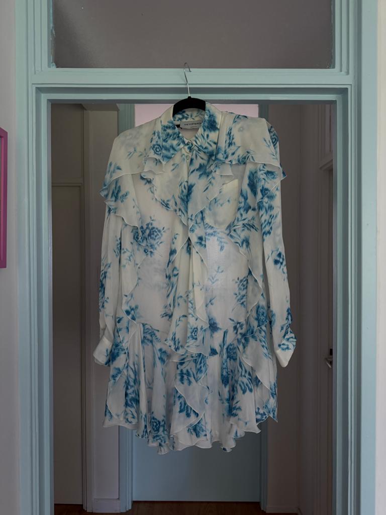Viktor & Rolf Zijden Jurk met Ruches en Bloemenprint, Kleding | Dames, Ophalen of Verzenden, Zo goed als nieuw, Maat 38/40 (M)