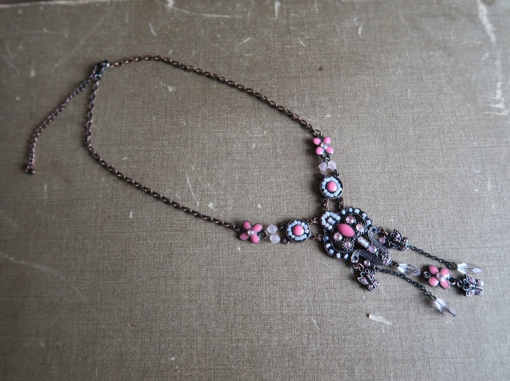 Vintage ketting met roze bloemen en kristallen, Sieraden, Tassen en Uiterlijk, Kettingen, Met kristal, Overige materialen, Ophalen of Verzenden