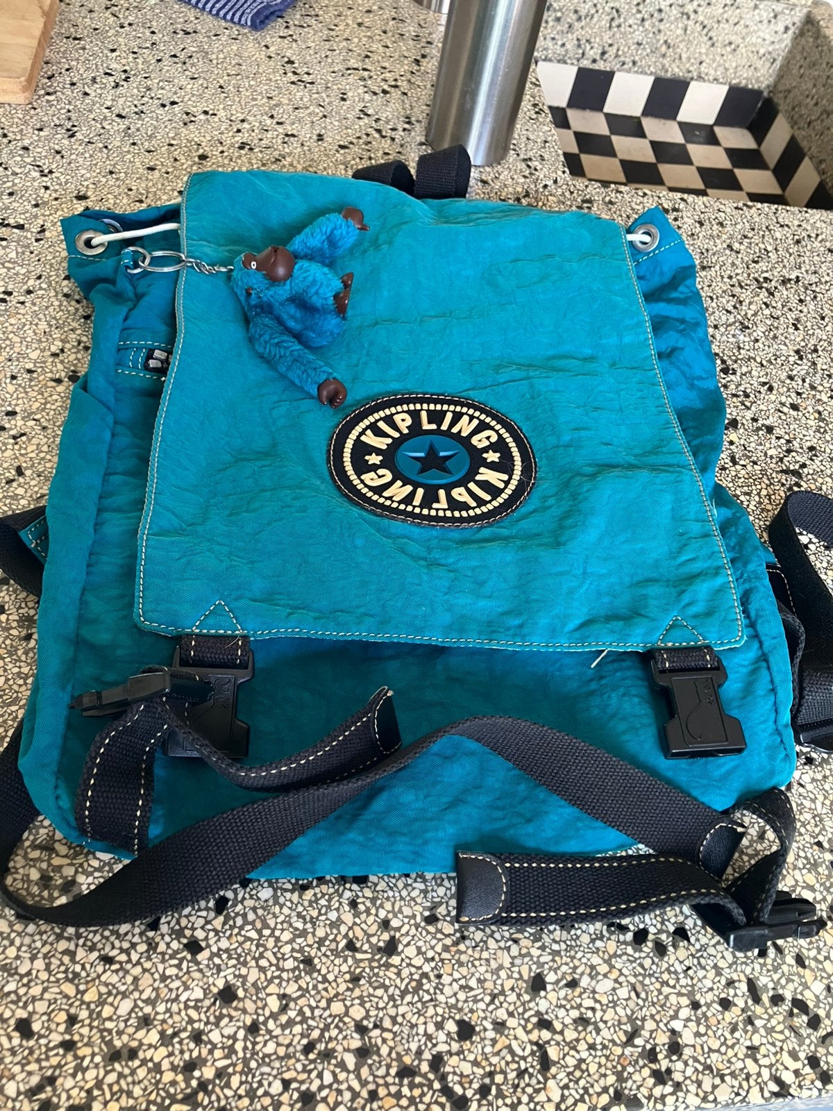 Kipling Mini Rugzak - Turquoise met Aapje, Ophalen, Zo goed als nieuw, Kipling, 30 tot 45 cm