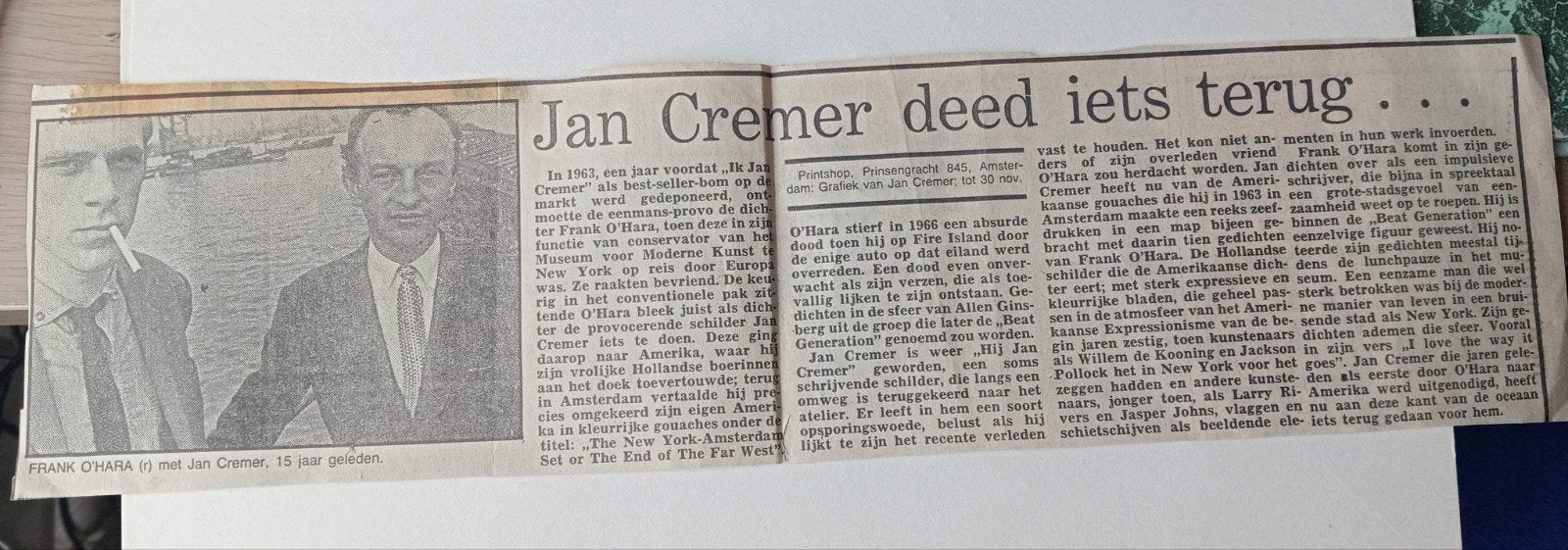 Krantenartikel Jan Cremer en Frank O'Hara (1963), Ophalen of Verzenden