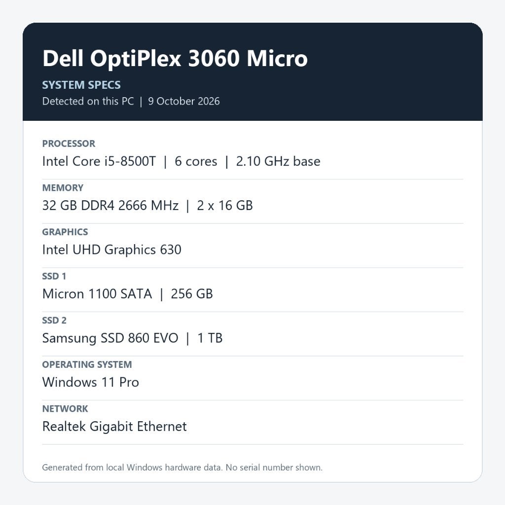 Dell OptiPlex 3060 Micro | i5-8500T | 32 GB RAM | 1 TB, Gebruikt, 2 tot 3 Ghz, 32 GB, Ophalen of Verzenden