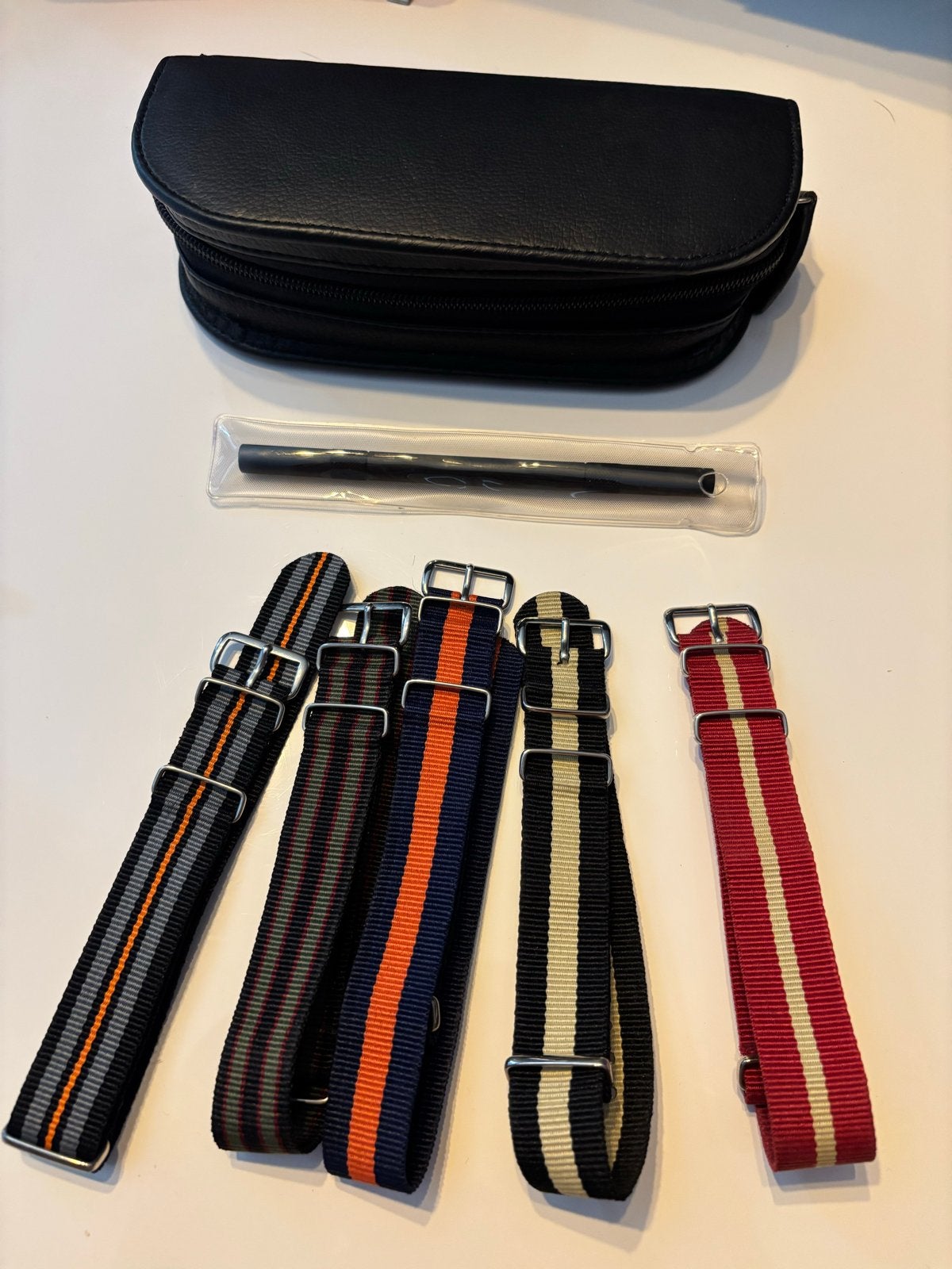 5 Nato horlogebandjes set met etui en gereedschap, Overige materialen, Polshorloge, Zo goed als nieuw, Ophalen
