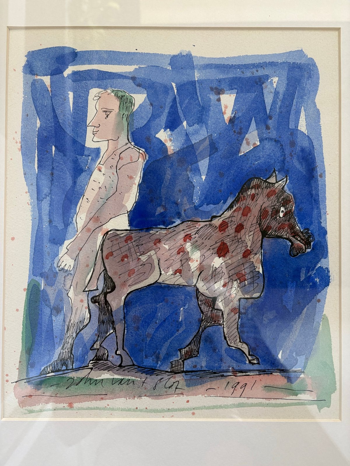 John van t Slot - aquarel van man en paard, 1991, Ophalen of Verzenden, Tekening, Aquarel, Achter glas