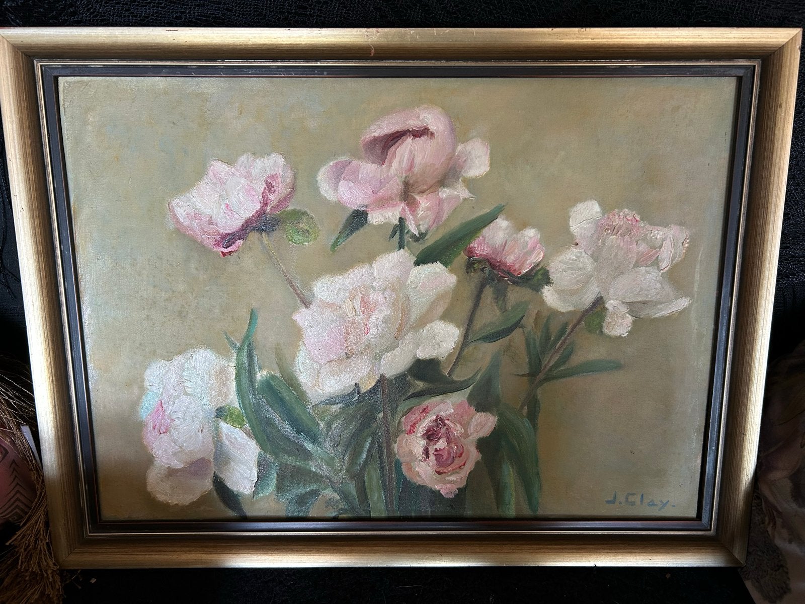 Schilderij J. Clay Roze roze bloemen roos pioenrozen, Ophalen of Verzenden, Realistisch, Gesigneerd, Bloemen