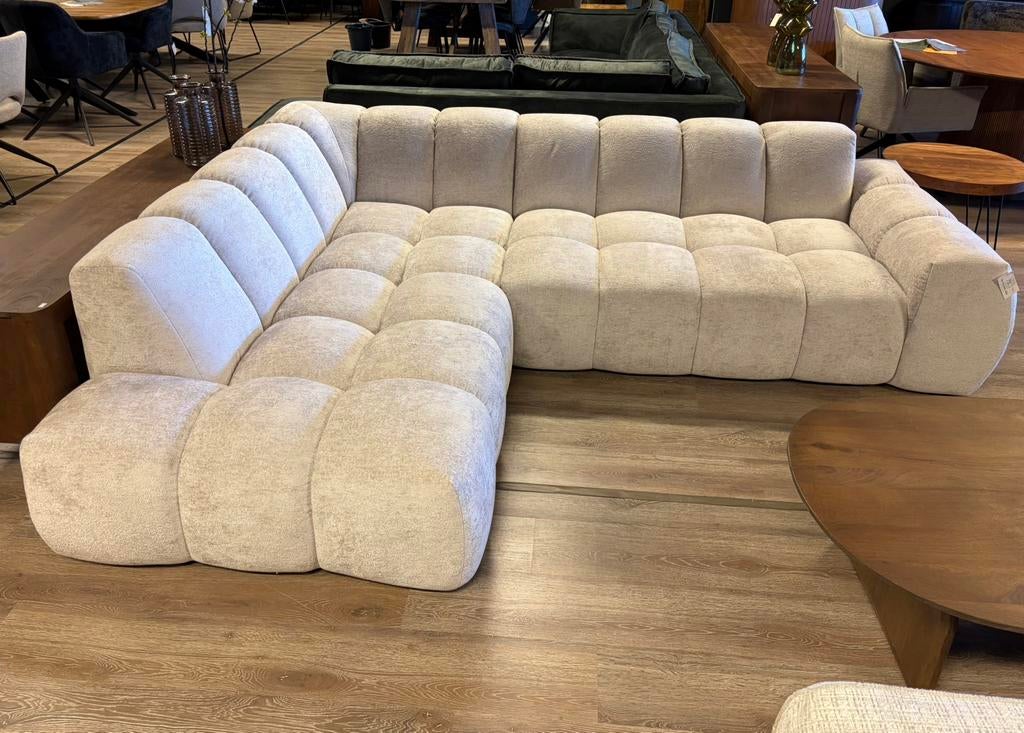 Hoekbank sjieke geweven bouclé offwhite gevulde vakken bank, Ophalen, Nieuw, Stof, Japandi design scandanavisch teddystof bubble
