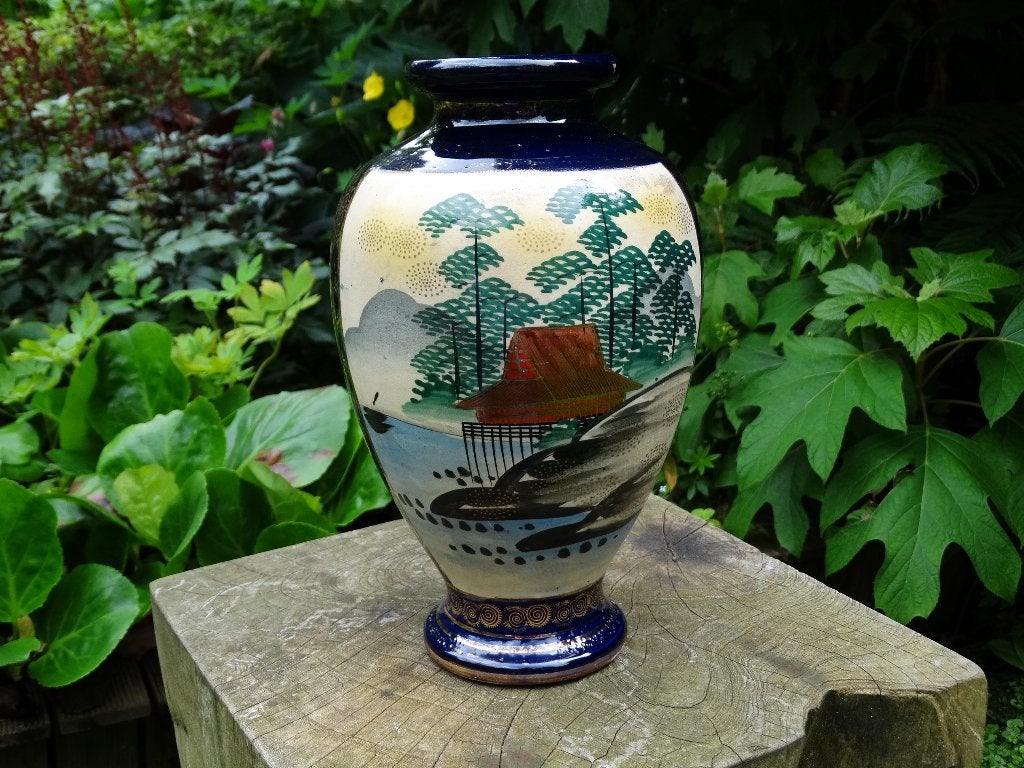 Satsuma porseleinen vaas, koningsblauw met figuren en natuur, Ophalen of Verzenden