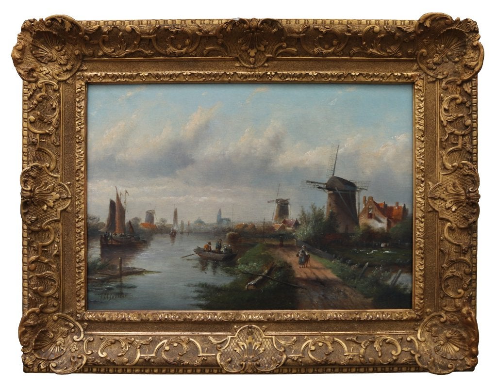 Antiek schilderij, rivierlandschap, JJC Spohler, 1837-1923, Doek, Ophalen of Verzenden, Landschap, Olieverf