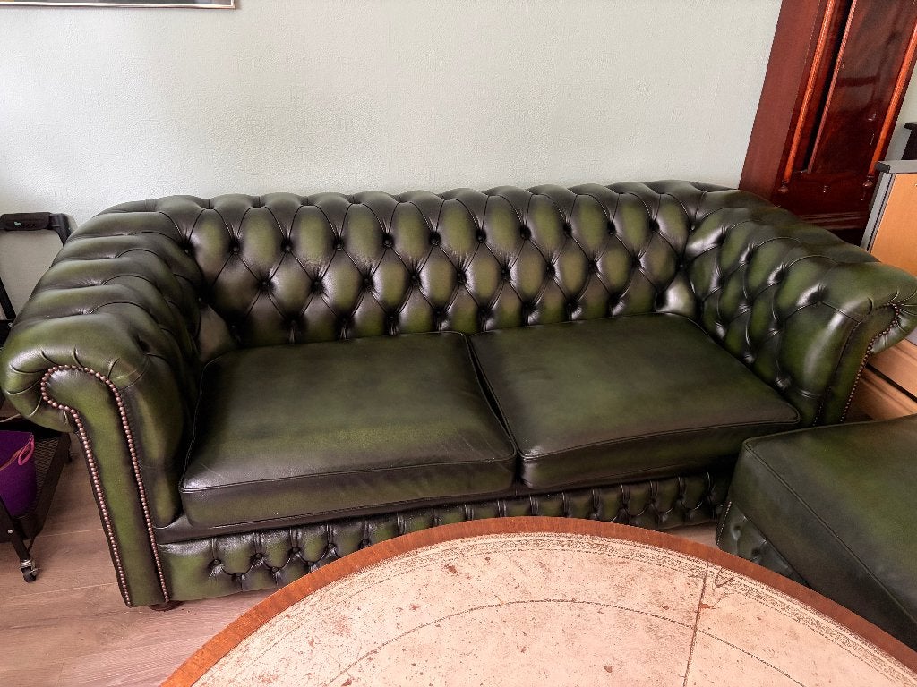 Originele Springvale Chesterfield set – Green Leather, Ophalen, Chesterfield, Driepersoons, Zo goed als nieuw