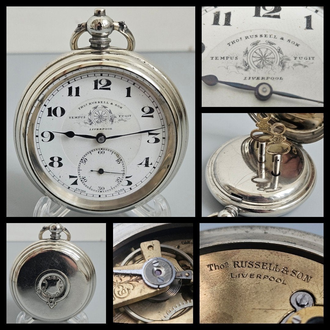 Antiek zilver, heren zakhorloge,  Russell & son, Liverpool, Ophalen of Verzenden, Zilver