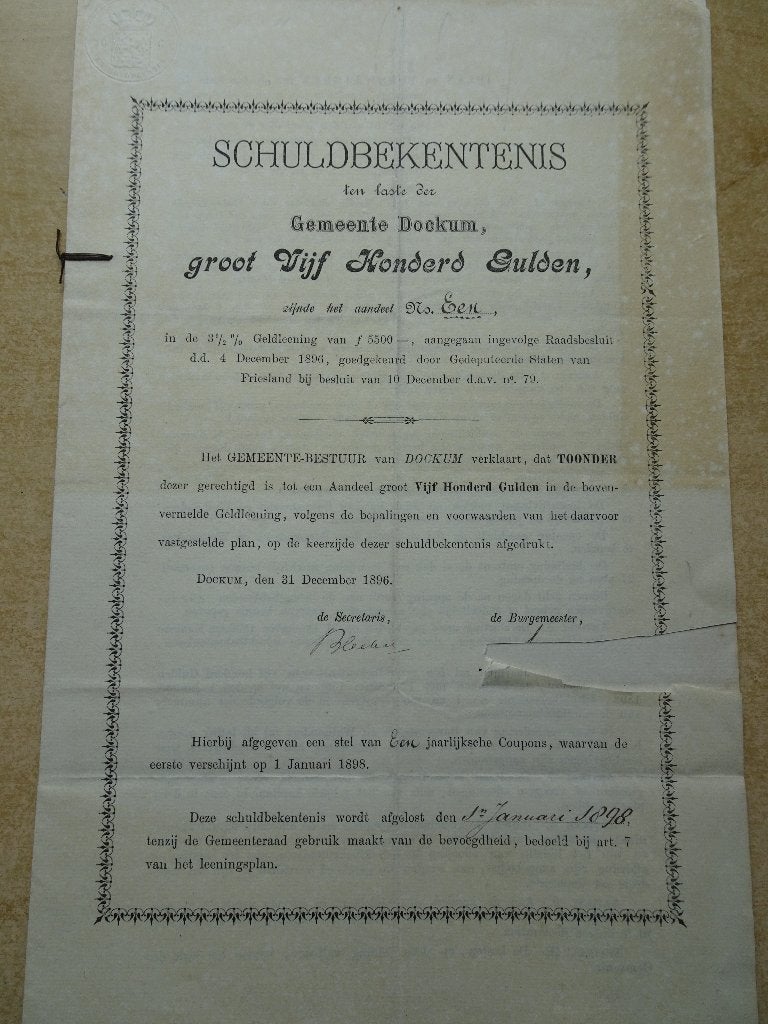Aandeel 500 gulden Gemeente Dokkum. 1896 Oplage 11 stuks.!!!, Ophalen of Verzenden, Voor 1920, Aandeel