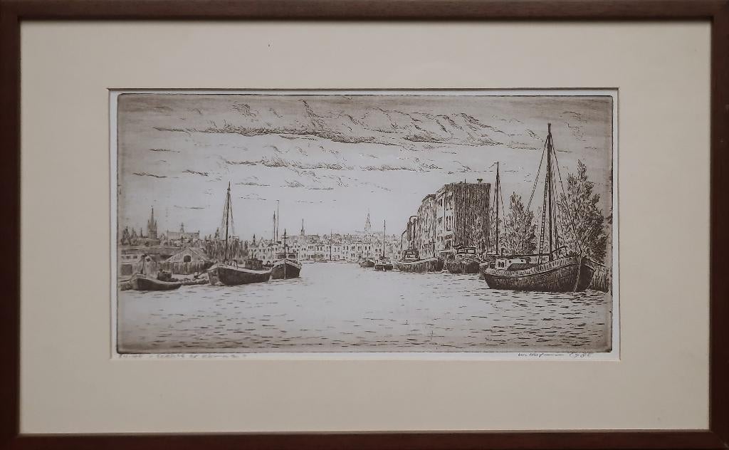 Gezicht op Alkmaar 24/100 - Kunstenaar: Willem Hopman, Antiek en Kunst, Ophalen, Ingelijst, 38 cm, 24 cm