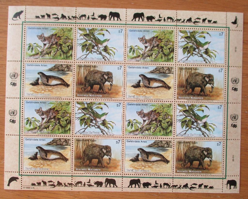 VN Wenen, serie bedreigde diersoorten, compleet vel, 1994, Verzenden, Postfris, Dier of Natuur