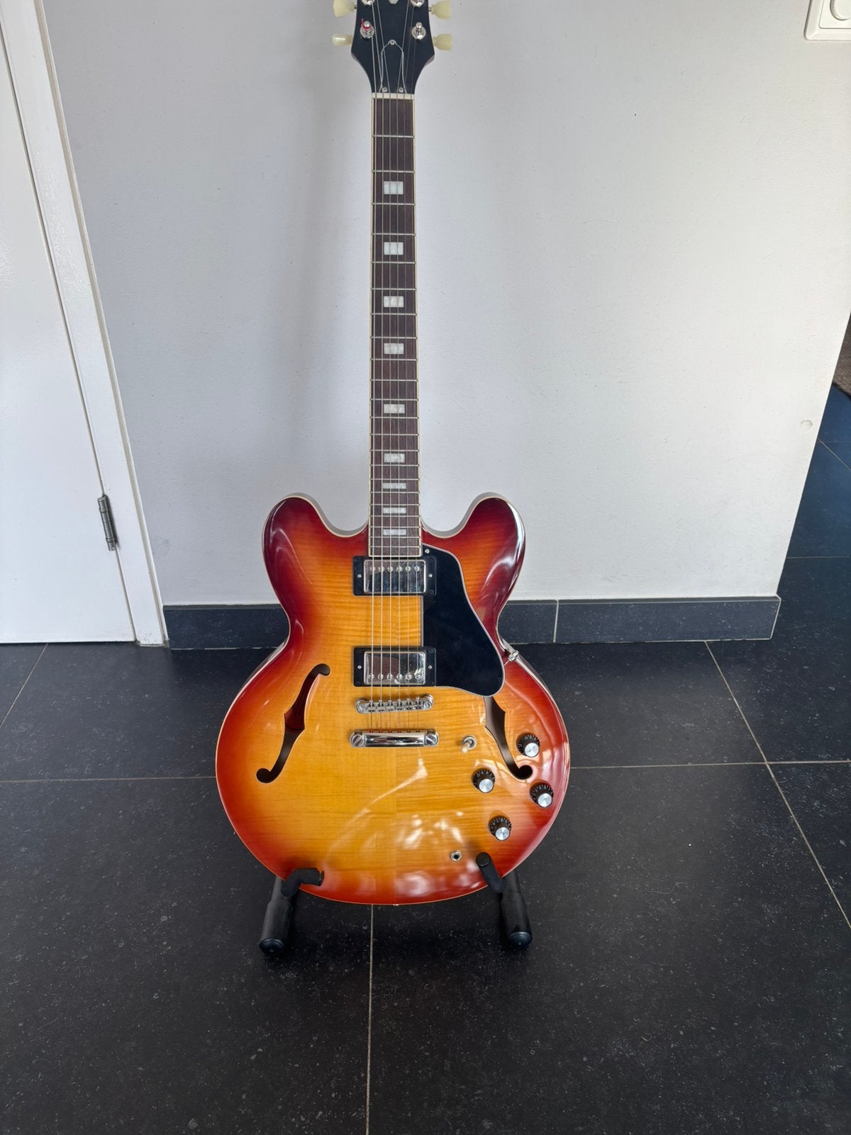 Epiphone ES-335 IBG Figured Tea Burst – nieuwstaat, Ophalen, Zo goed als nieuw, Semi-solid body, Epiphone