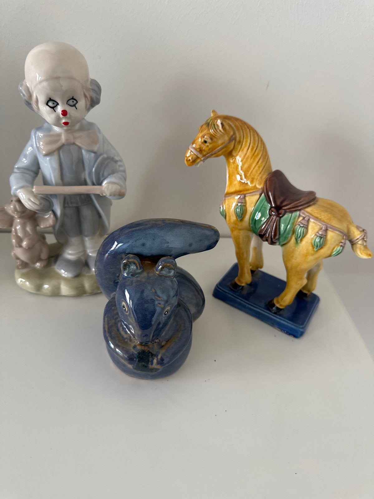 Vintage beeldjes: clown, eekhoorn en paard, Ophalen of Verzenden