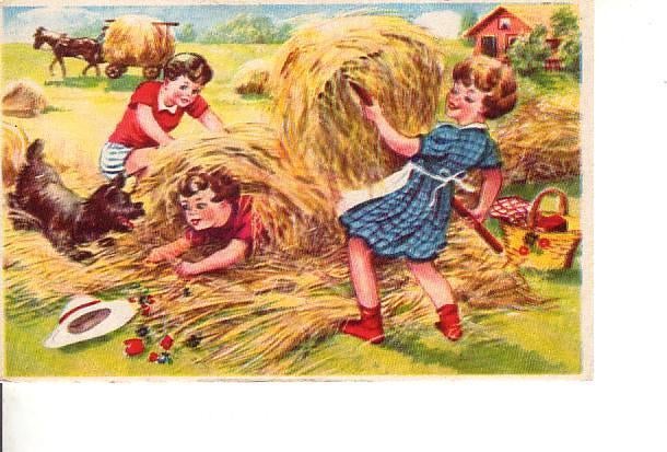 Ansichtkaart	Kinderen en hond in het hooi, Verzenden, 1940 tot 1960, Ongelopen, Kinderen