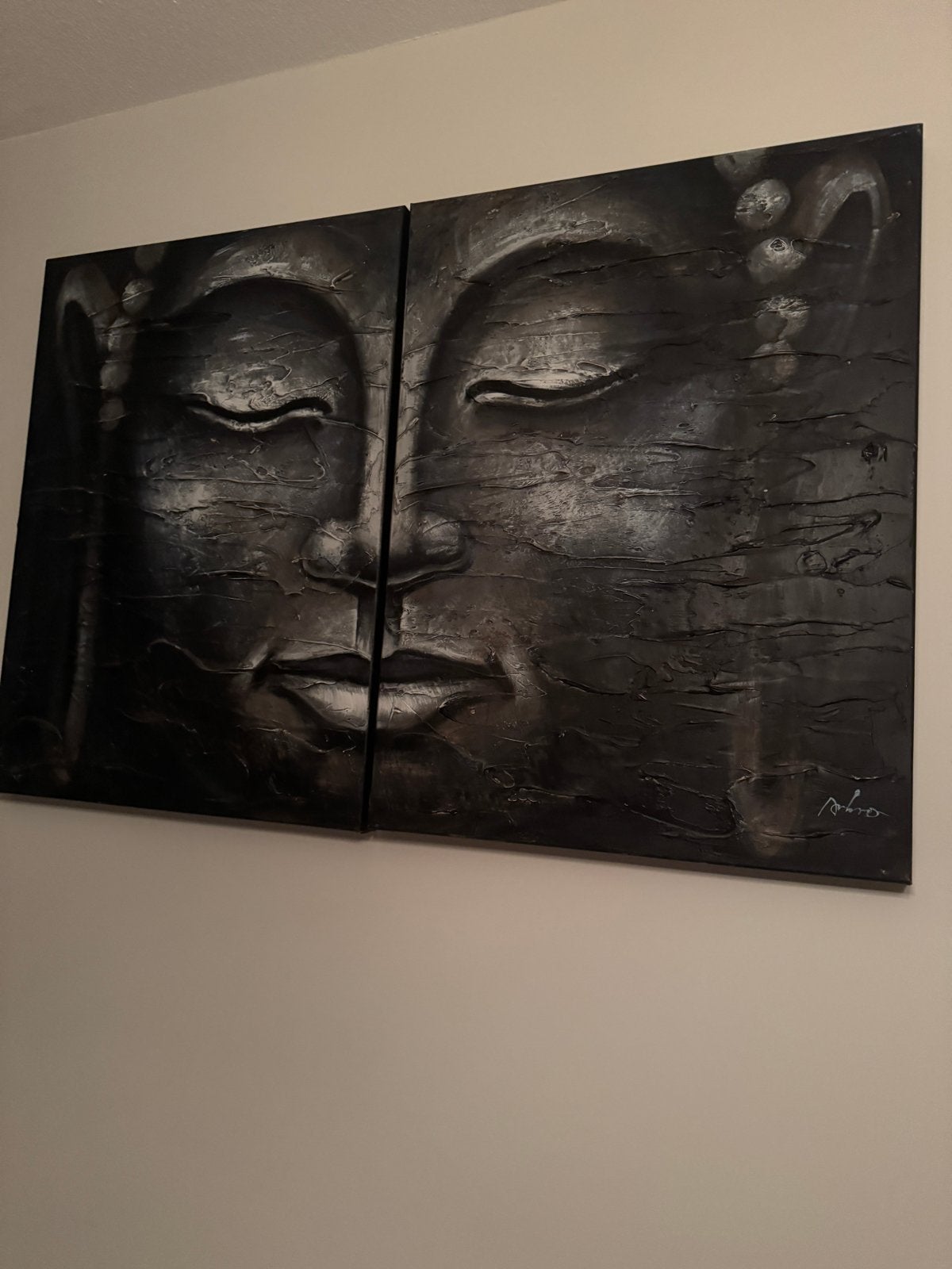 Boeddha schilderij set - Zwart/Grijs met reliëf, Ophalen of Verzenden, Zo goed als nieuw, Overige materialen, Met reliëf