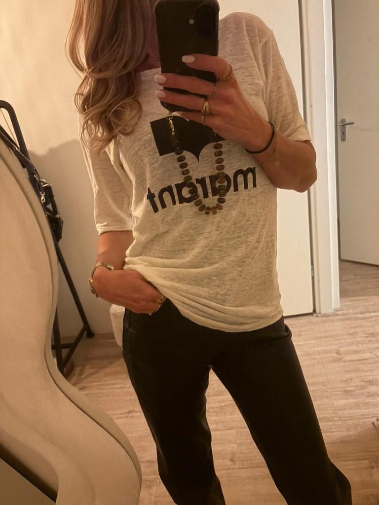 Isabel Marant Etoile linnen T-shirt logo mt XS (S), Isabel Marant, Verzenden, Wit, Korte mouw