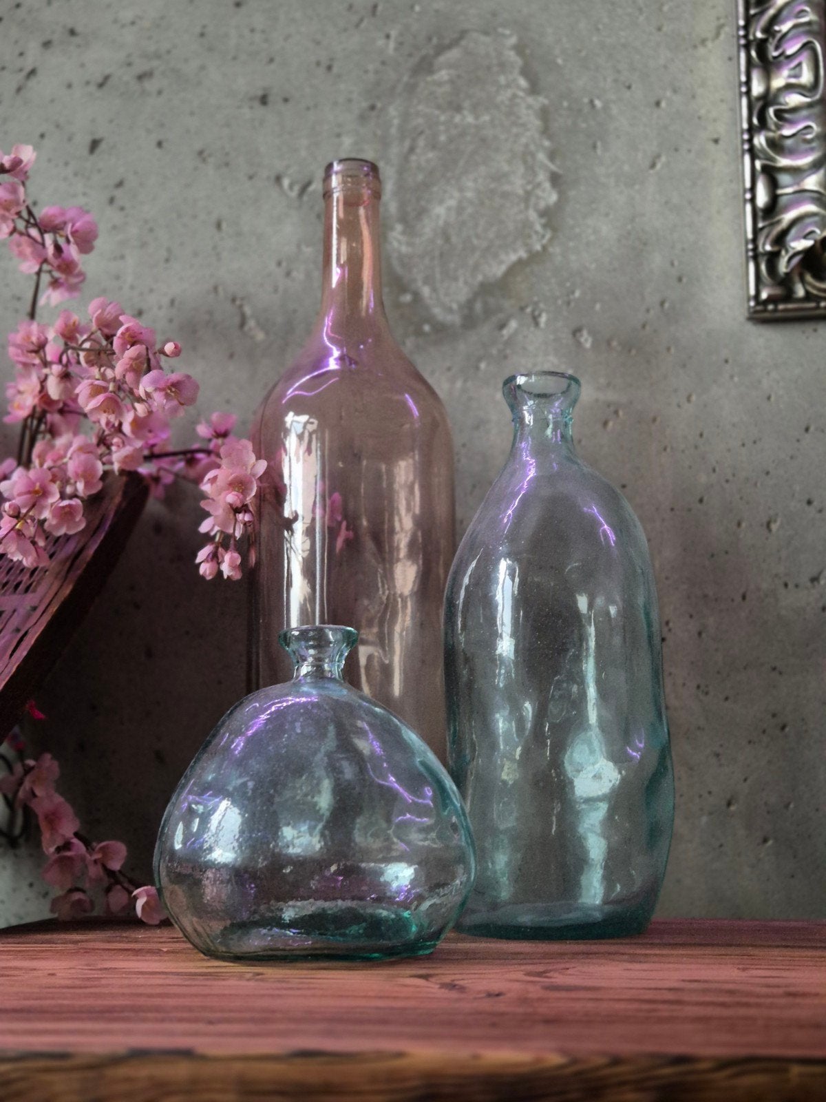 Sfeervolle Set van 3 Glazen Vazen - Pasteltinten 
Flessen -, Huis en Inrichting, Glas, Ophalen, Zo goed als nieuw, Set