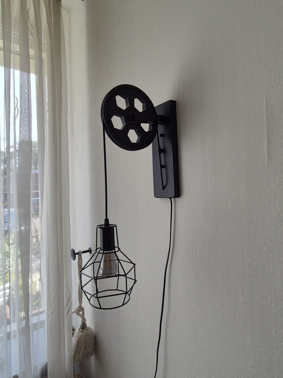 Industriële wandlamp met katrol - Zwart metaal, Met snoer/stekker, Zwart, Zo goed als nieuw, Overige merken