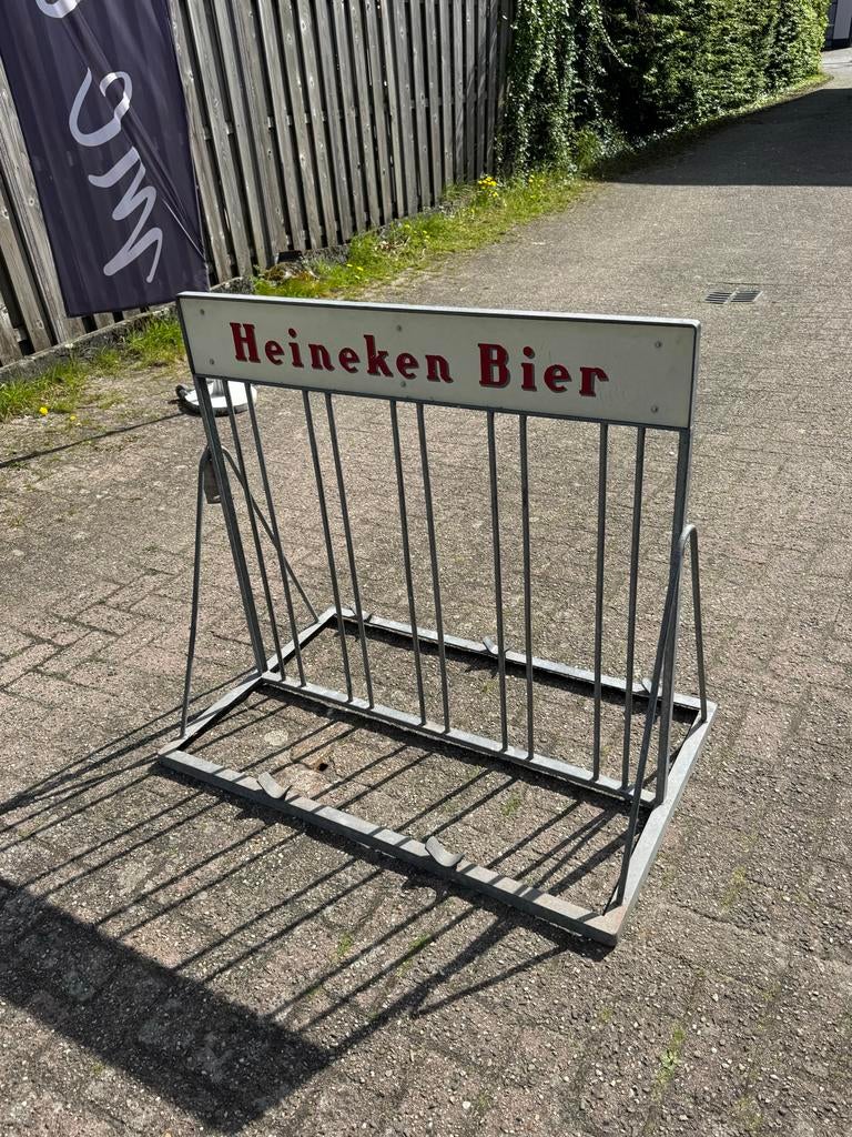 Vintage Heineken Bier fietsenrek / reclamebord, Ophalen, Gebruikt, Reclamebord, Plaat of Schild, Heineken