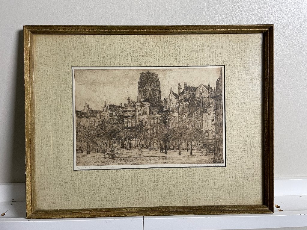 Rotterdam, Markt - ets van G.C. Haverkamp (1872-1926), Ingelijst, Ets, Stadsgezicht, 19 cm