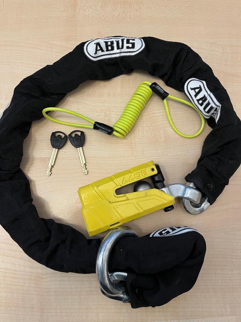 Motorslot met alarm ABUS 8077 + ketting 12KS120, Motoren, Accessoires | Sloten, Ophalen of Verzenden, Zo goed als nieuw